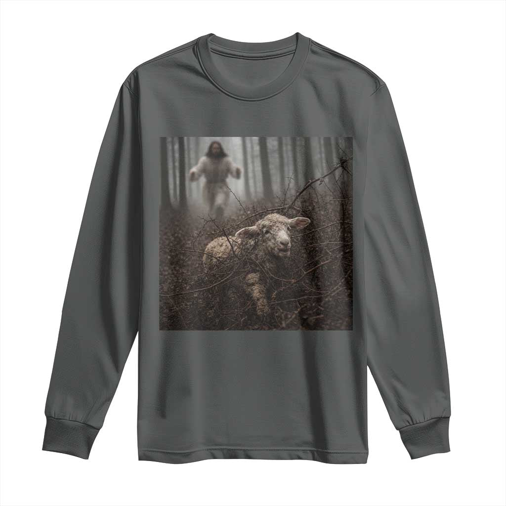 Christian Biblical Parable Of Lost Sheep Scene Long Sleeve Shirt Funny Photo TS11 Dark Heather Print Your Wear