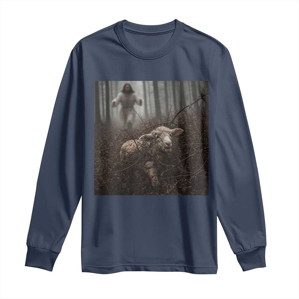 Christian Biblical Parable Of Lost Sheep Scene Long Sleeve Shirt Funny Photo TS11 Navy Print Your Wear