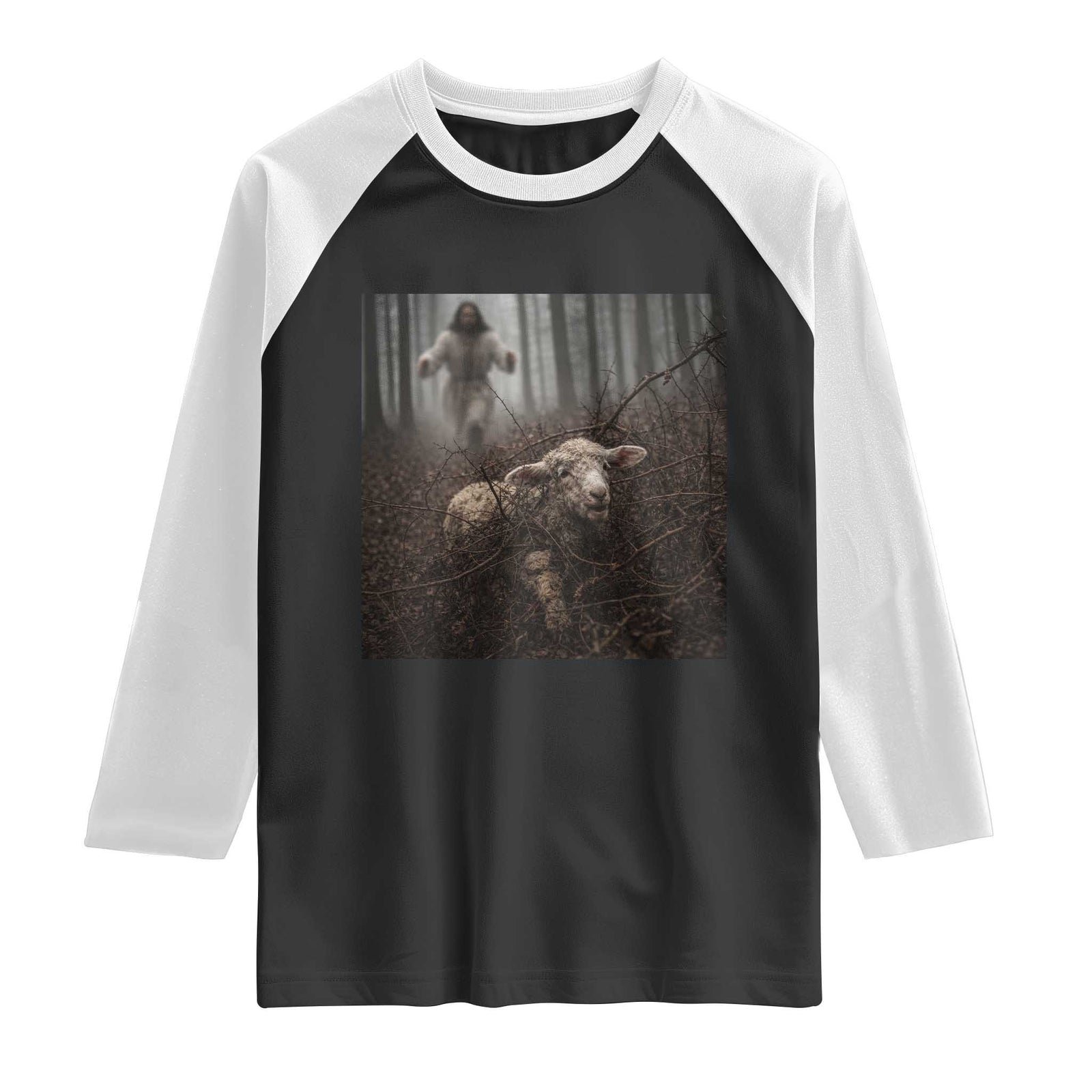 Christian Biblical Parable Of Lost Sheep Scene Raglan Shirt Funny Photo TS11 Black White Print Your Wear