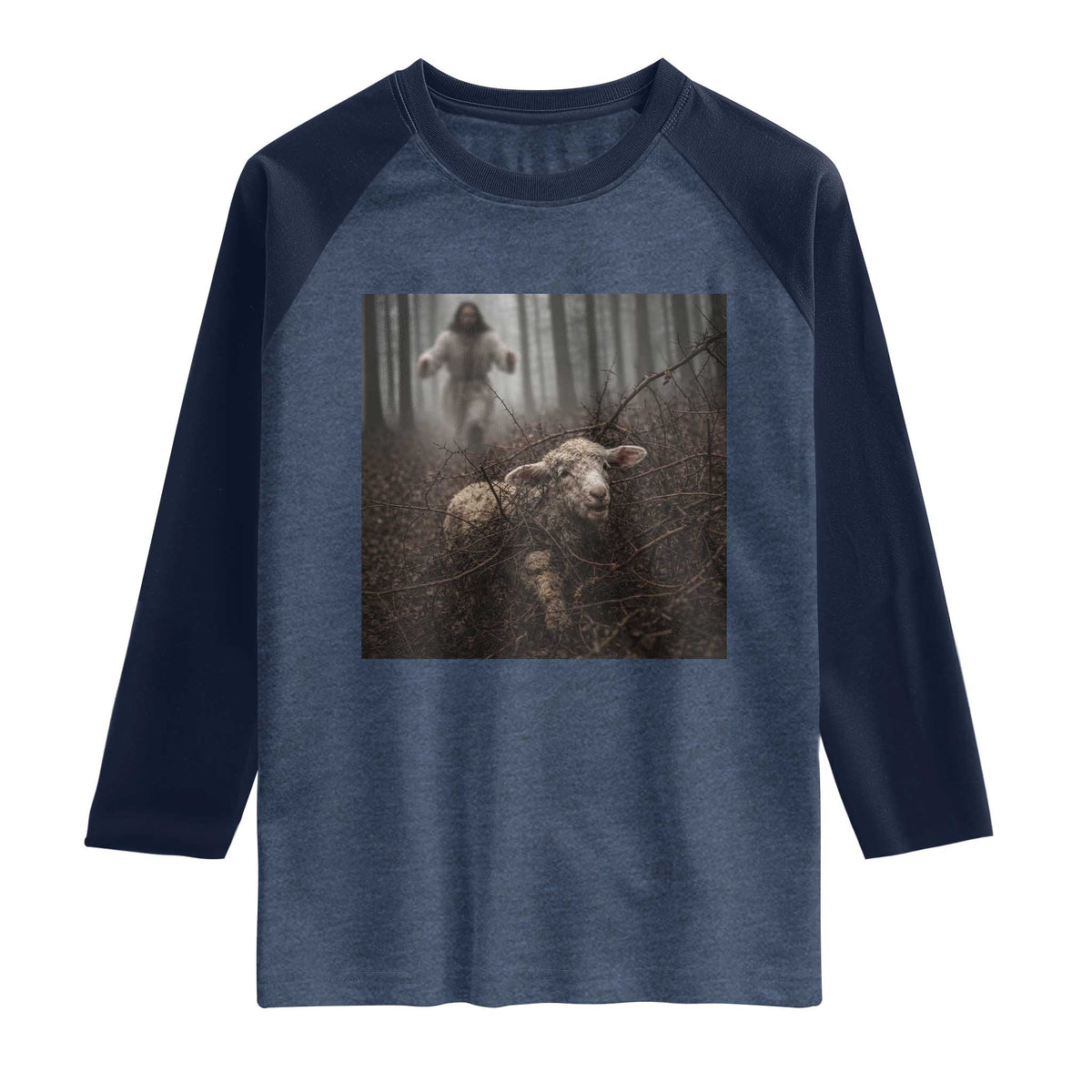 Christian Biblical Parable Of Lost Sheep Scene Raglan Shirt Funny Photo TS11 Heather Denim Navy Print Your Wear