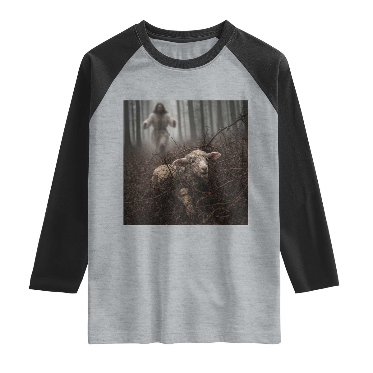 Christian Biblical Parable Of Lost Sheep Scene Raglan Shirt Funny Photo TS11 Heather Gray Black Print Your Wear