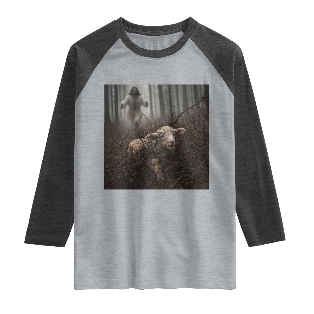 Christian Biblical Parable Of Lost Sheep Scene Raglan Shirt Funny Photo TS11 Heather Gray Heather Charcoal Print Your Wear
