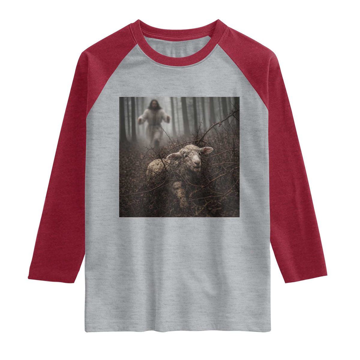 Christian Biblical Parable Of Lost Sheep Scene Raglan Shirt Funny Photo TS11 Heather Gray Heather Red Print Your Wear