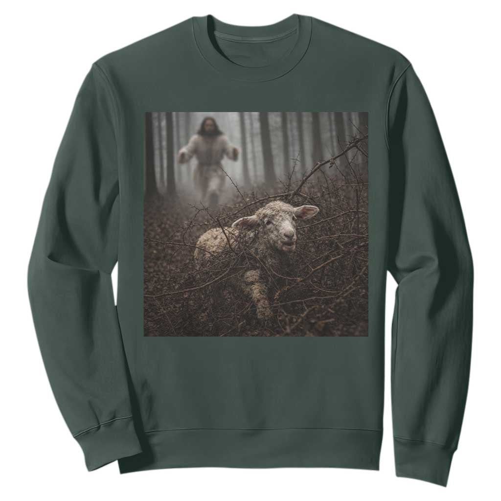 Christian Biblical Parable Of Lost Sheep Scene Sweatshirt Funny Photo TS11 Dark Forest Green Print Your Wear