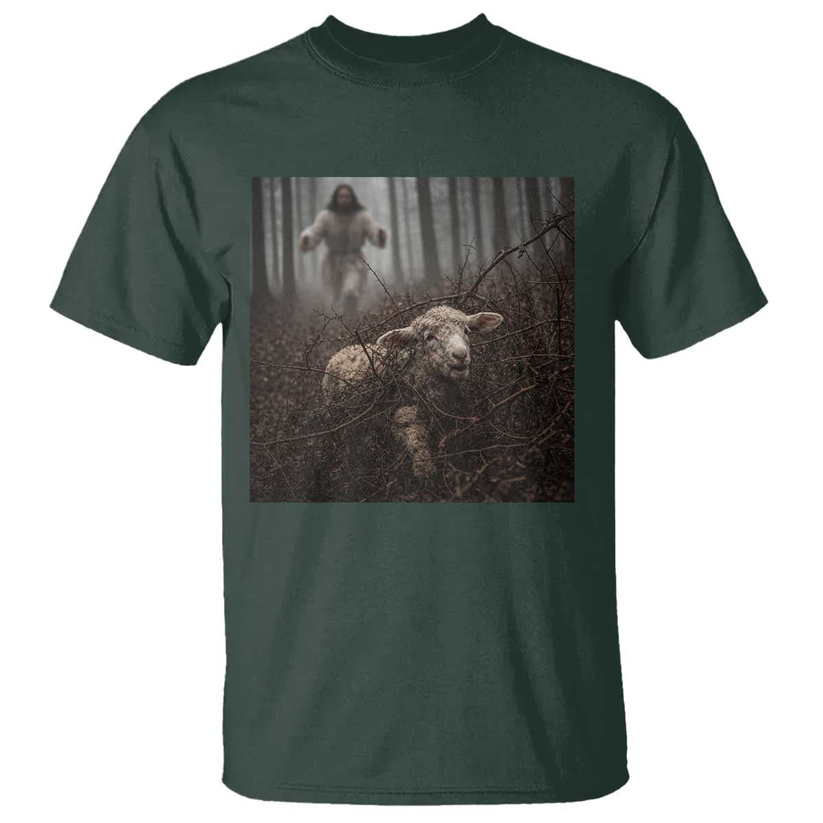 Christian Biblical Parable Of Lost Sheep Scene T Shirt Funny Photo TS11 Dark Forest Green Print Your Wear