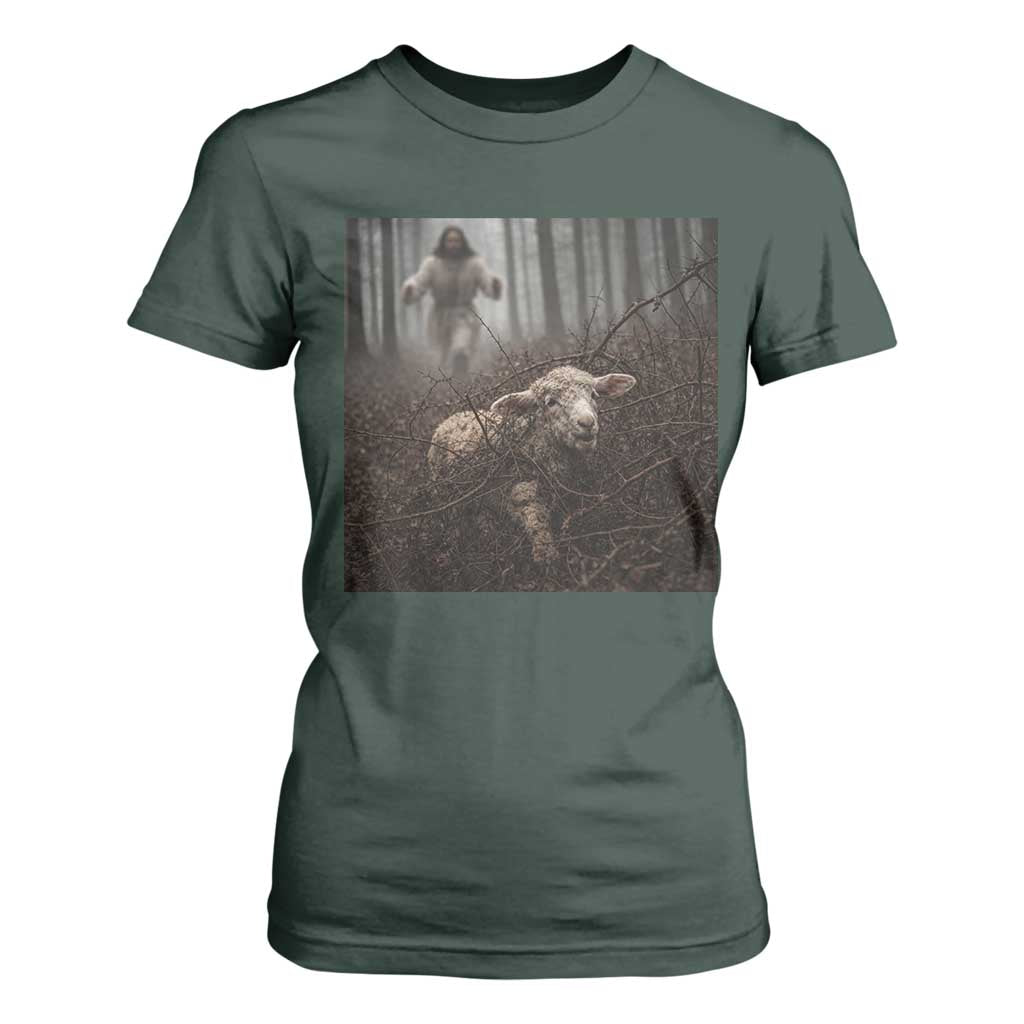 Christian Biblical Parable Of Lost Sheep Scene T Shirt For Women Funny Photo TS11 Dark Forest Green Print Your Wear