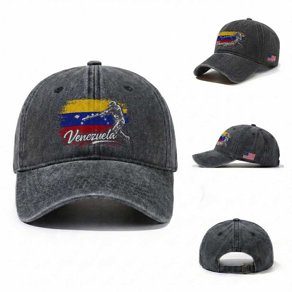 Venezuela Baseball Batter Venezuelan Sport Fan Washed Cotton Baseball Cap TS11 Washed Cap Universal Fit Dark Gray Print Your Wear
