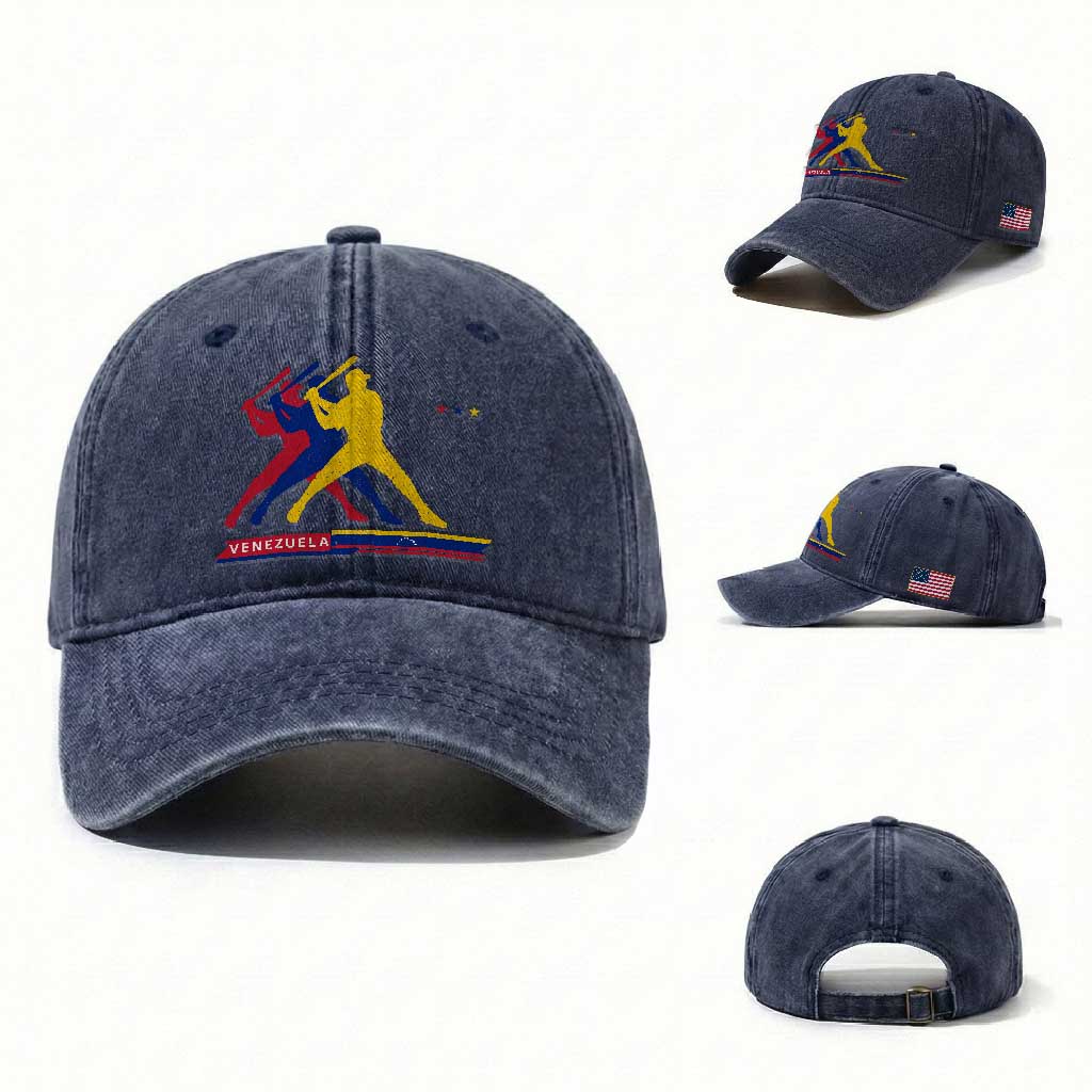 Baseball Venezuela Sport Fan Venezuelan Flag Batter Player Washed Cotton Baseball Cap TS11 Washed Cap Universal Fit Navy Print Your Wear