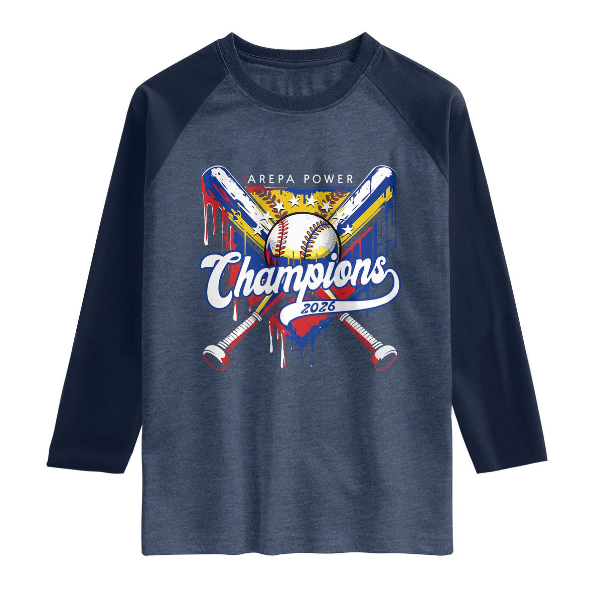 Venezuela Champions 2026 Raglan Shirt Baseball Lover Home Plate Drip TS11 Heather Denim Navy Print Your Wear