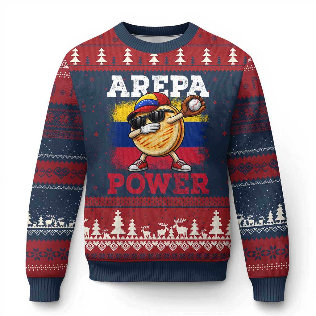 Funny Arepa Power Venezuela Baseball Lover Ugly Christmas Sweater Cute Dabbing Arepa TS11 Navy Red Print Your Wear