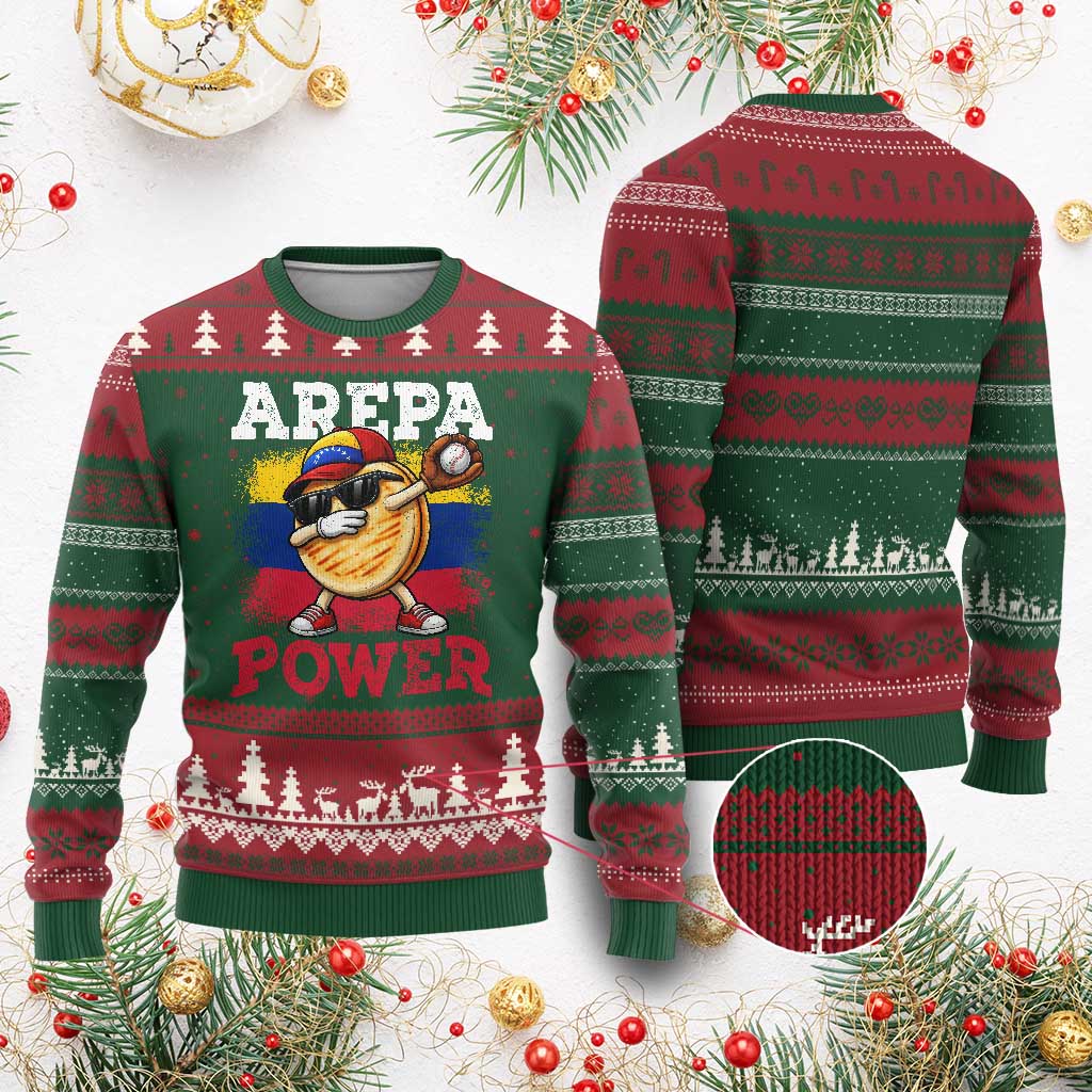 Funny Arepa Power Venezuela Baseball Lover Ugly Christmas Sweater Cute Dabbing Arepa TS11 Red Green Print Your Wear