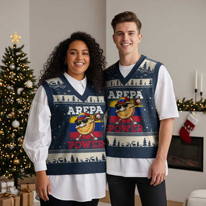Funny Arepa Power Venezuela Baseball Lover V-Neck Knit Sweater Vest Cute Dabbing Arepa TS11 Navy Beige Print Your Wear