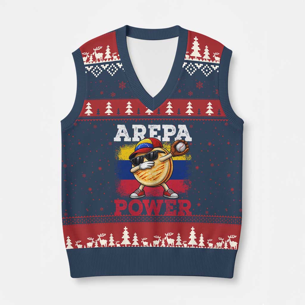 Funny Arepa Power Venezuela Baseball Lover V-Neck Knit Sweater Vest Cute Dabbing Arepa TS11 Navy Red Print Your Wear