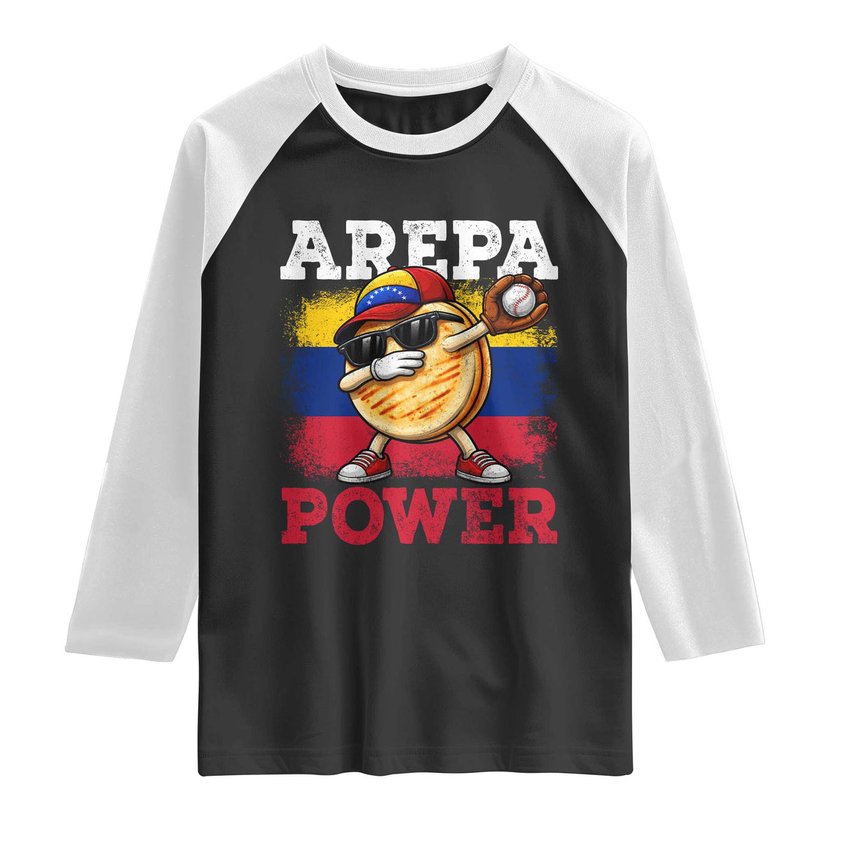 Funny Arepa Power Venezuela Baseball Lover Raglan Shirt Cute Dabbing Arepa TS11 Black White Print Your Wear