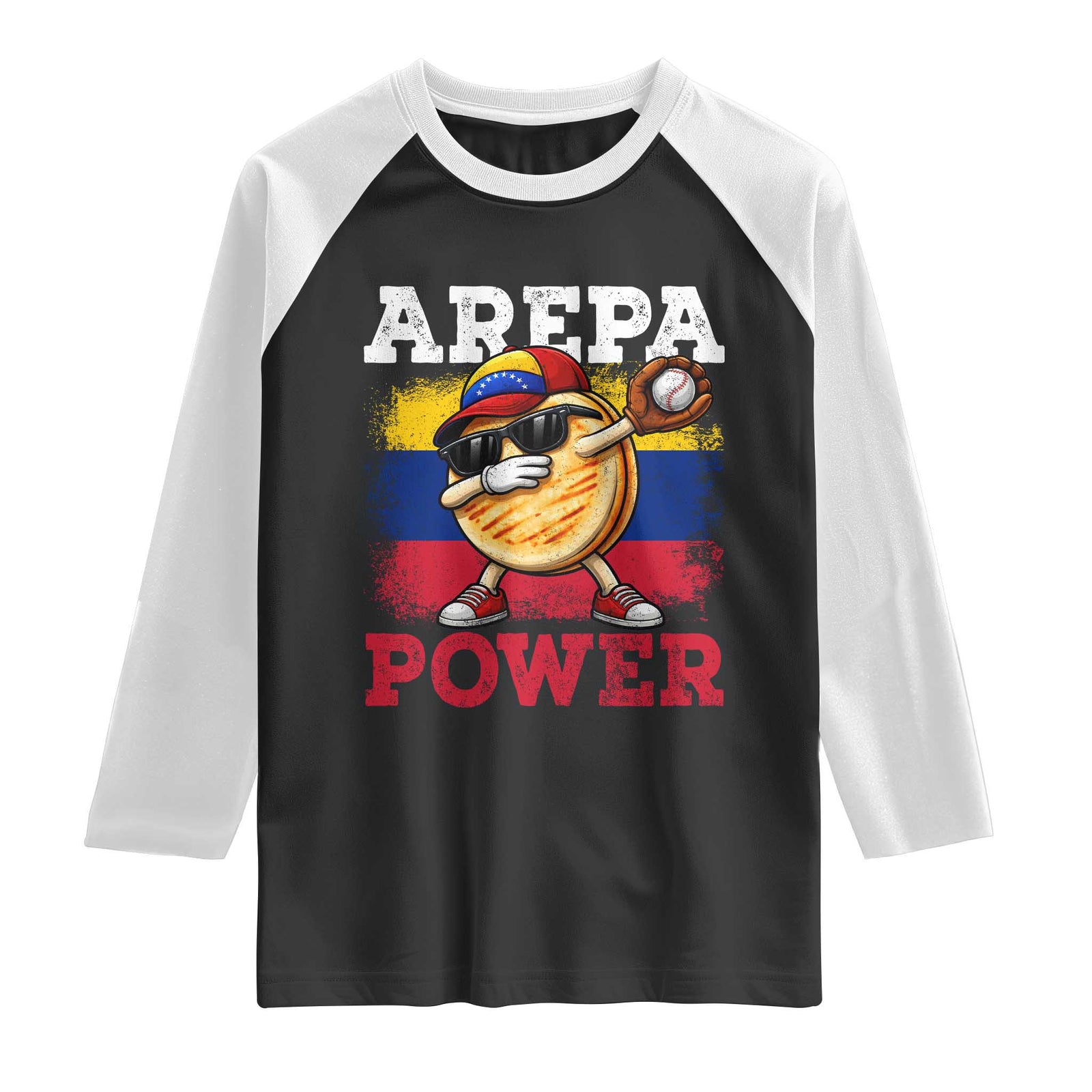 Funny Arepa Power Venezuela Baseball Lover Raglan Shirt Cute Dabbing Arepa TS11 Black White Print Your Wear