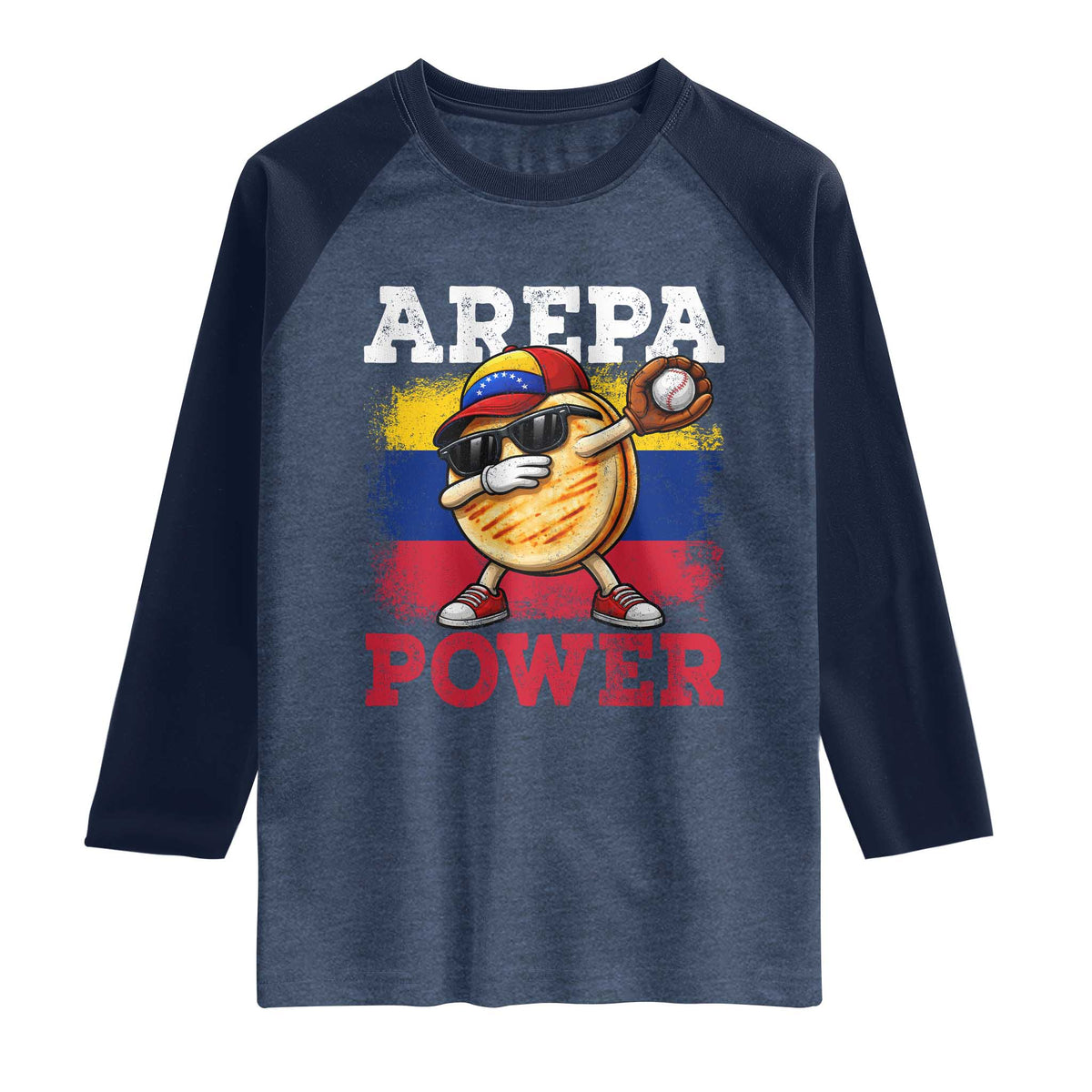 Funny Arepa Power Venezuela Baseball Lover Raglan Shirt Cute Dabbing Arepa TS11 Heather Denim Navy Print Your Wear