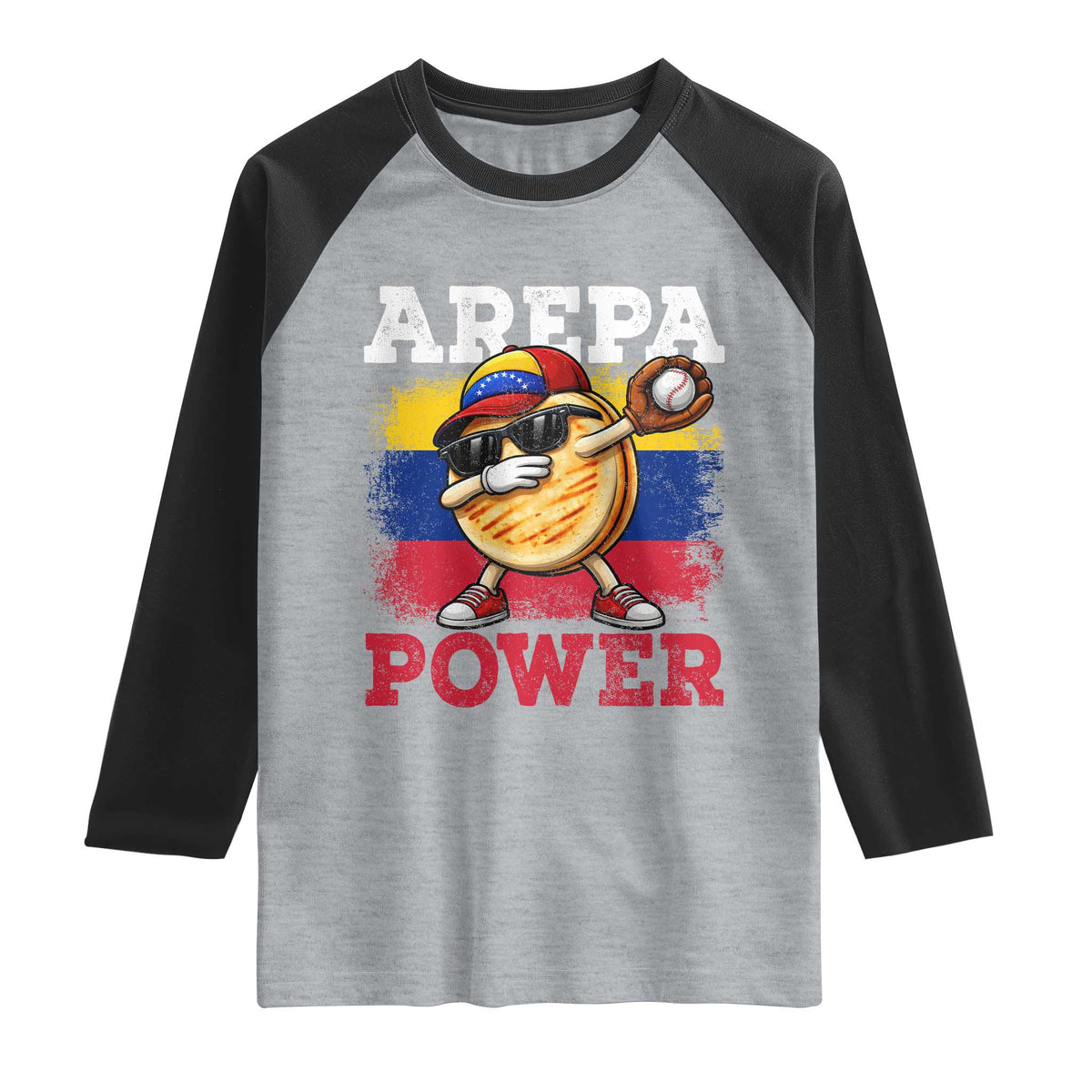 Funny Arepa Power Venezuela Baseball Lover Raglan Shirt Cute Dabbing Arepa TS11 Heather Gray Black Print Your Wear
