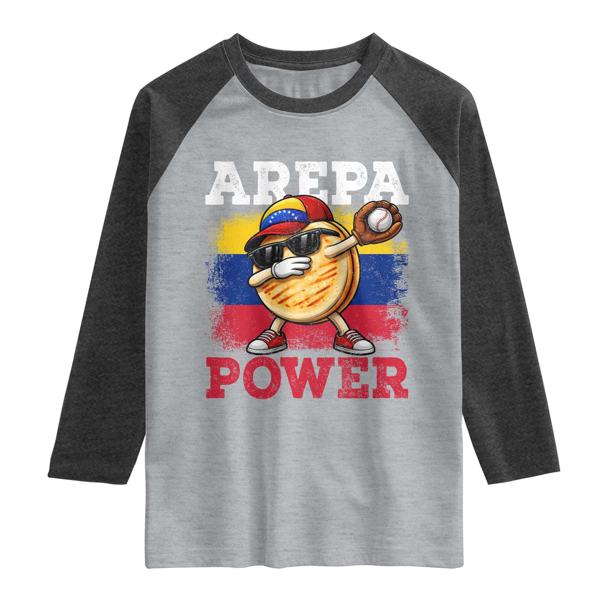 Funny Arepa Power Venezuela Baseball Lover Raglan Shirt Cute Dabbing Arepa TS11 Heather Gray Heather Charcoal Print Your Wear