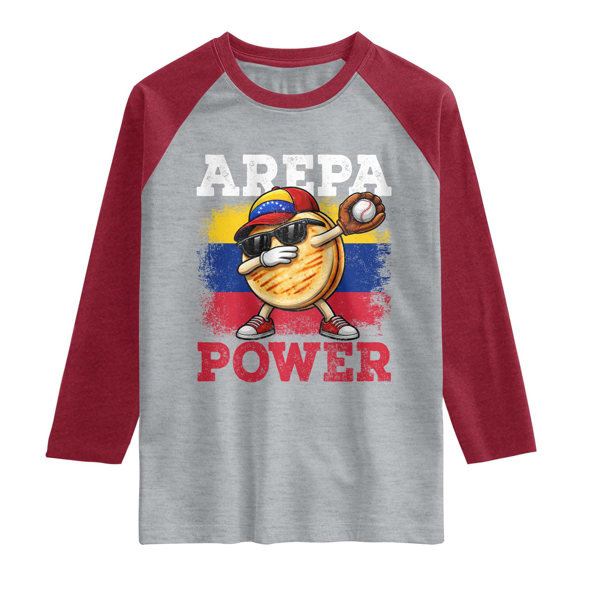 Funny Arepa Power Venezuela Baseball Lover Raglan Shirt Cute Dabbing Arepa TS11 Heather Gray Heather Red Print Your Wear