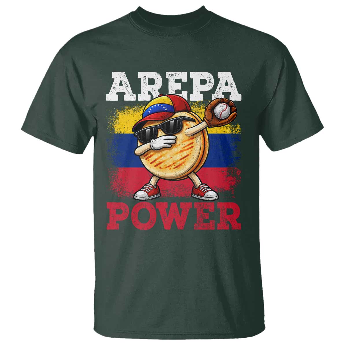 Funny Arepa Power Venezuela Baseball Lover T Shirt - Cute Dabbing Arepa TS11 Dark Forest Green Print Your Wear