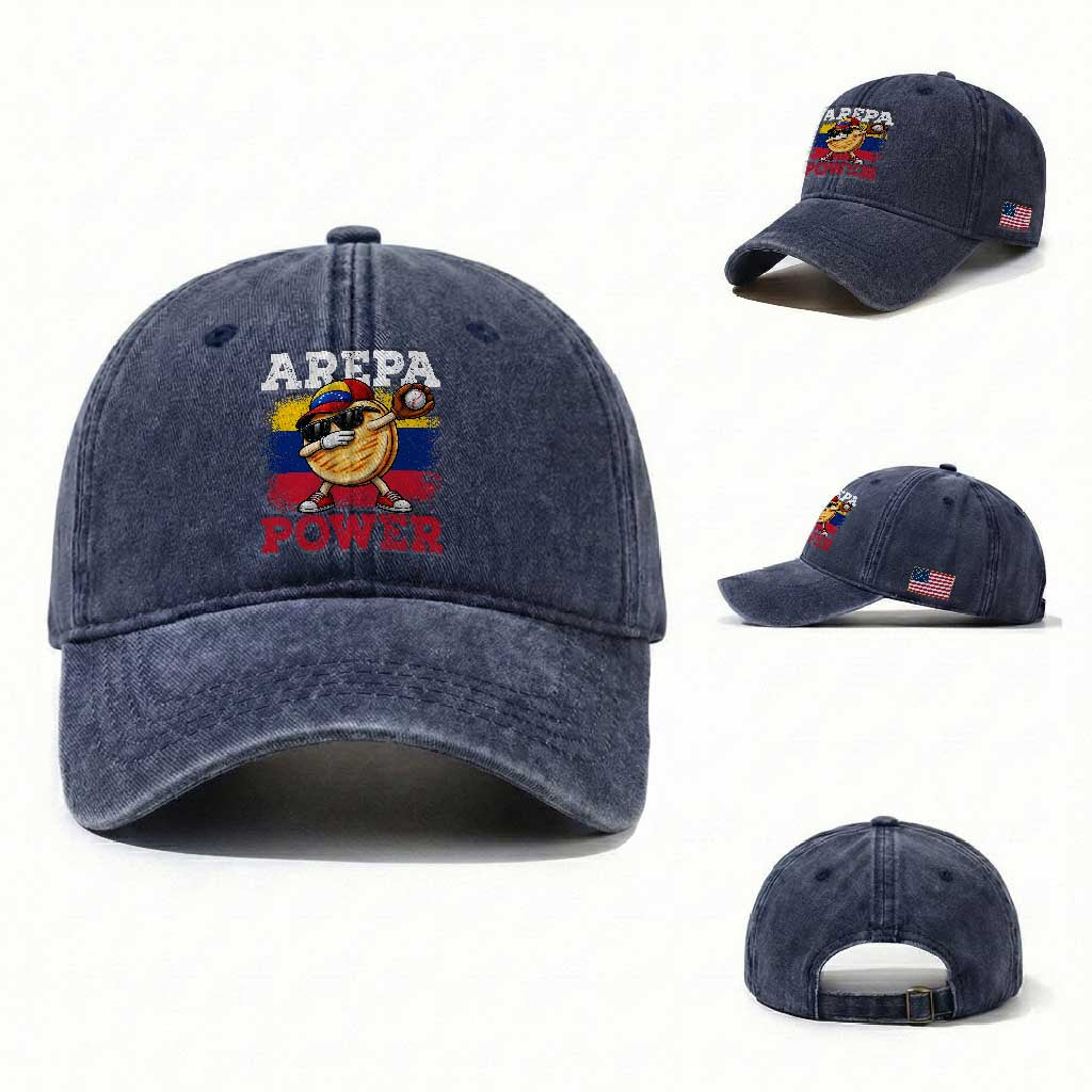 Funny Arepa Power Venezuela Baseball Lover Washed Cotton Baseball Cap Cute Dabbing Arepa TS11 Washed Cap Universal Fit Navy Print Your Wear