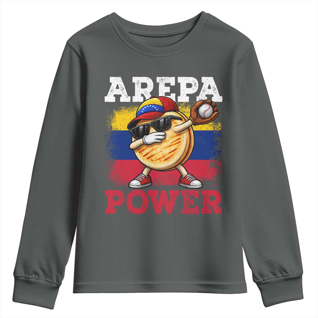 Funny Arepa Power Venezuela Baseball Lover Youth Sweatshirt Cute Dabbing Arepa TS11 Dark Heather Print Your Wear