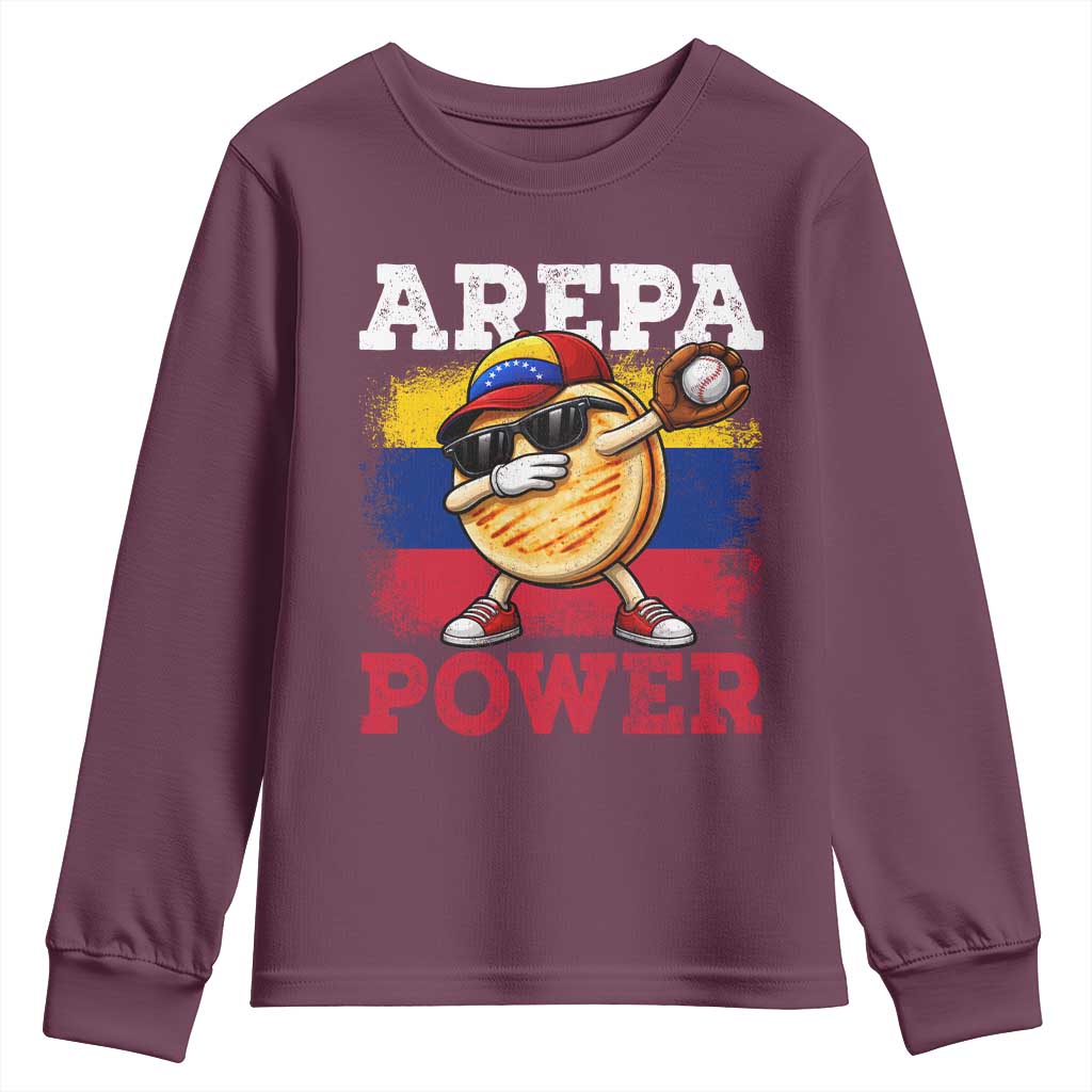 Funny Arepa Power Venezuela Baseball Lover Youth Sweatshirt Cute Dabbing Arepa TS11 Maroon Print Your Wear