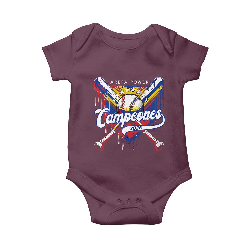 Venezuela Campeones Baseball Championship 2026 Baby Onesie Home Plate Drip TS11 Maroon Print Your Wear