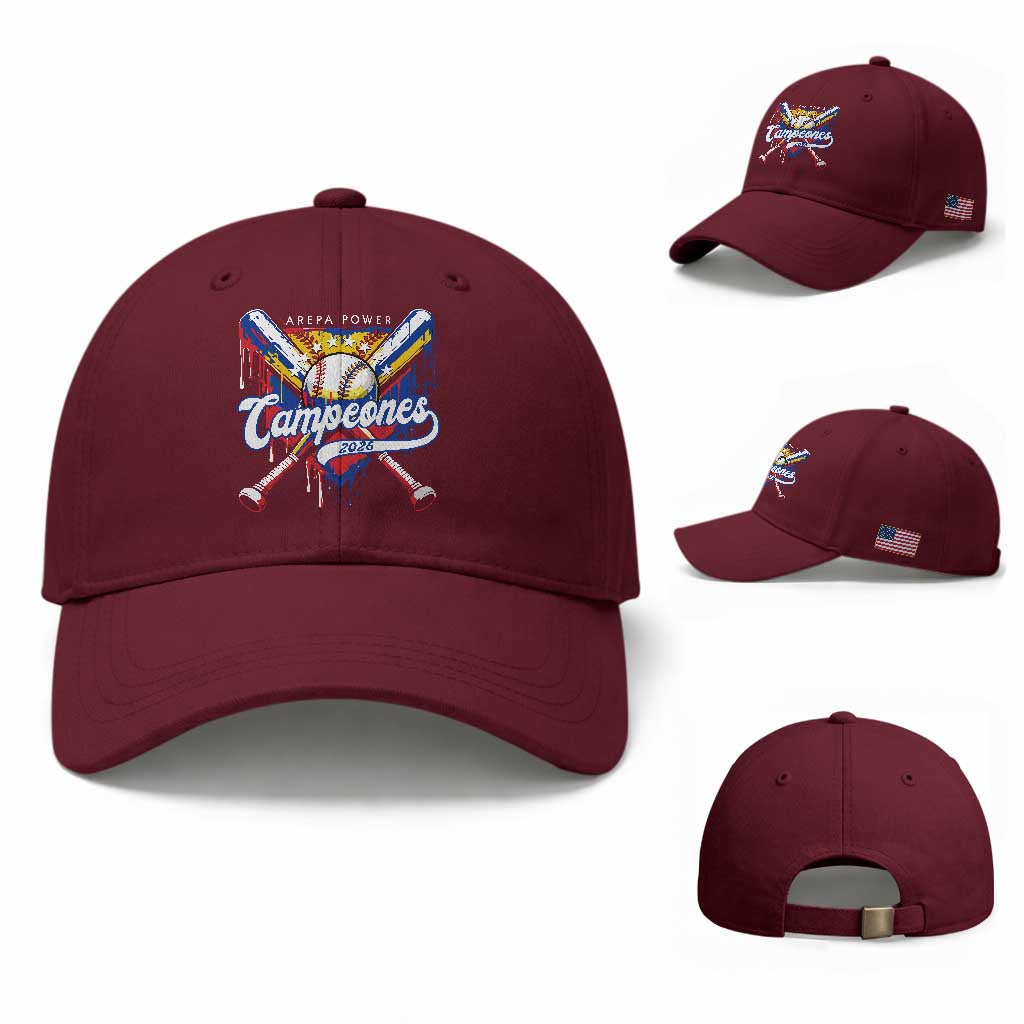 Venezuela Campeones Baseball Championship 2026 Baseball Cap Home Plate Drip TS11 Baseball Cap Universal Fit Maroon Print Your Wear