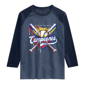 Venezuela Campeones Baseball Championship 2026 Raglan Shirt Home Plate Drip TS11 Heather Denim Navy Print Your Wear