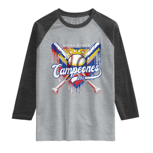 Venezuela Campeones Baseball Championship 2026 Raglan Shirt Home Plate Drip TS11 Heather Gray Heather Charcoal Print Your Wear