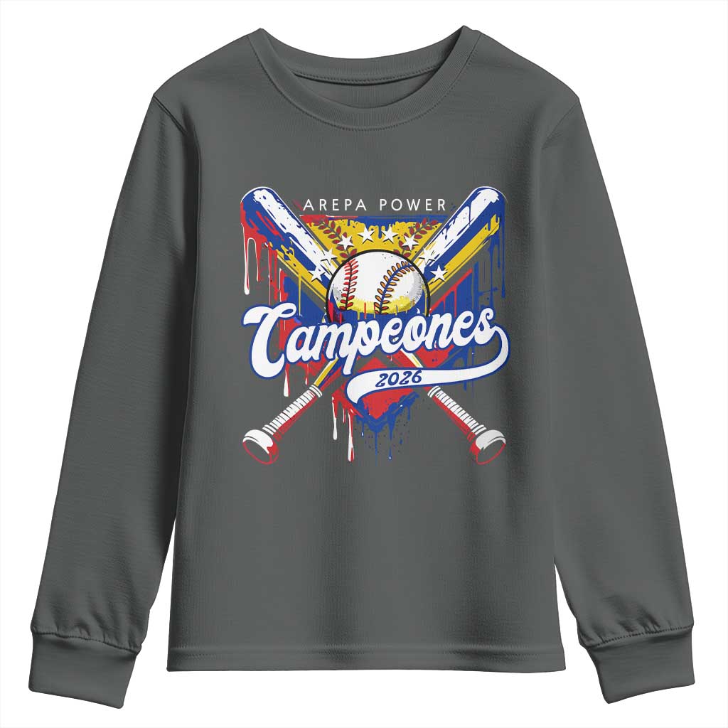 Venezuela Campeones Baseball Championship 2026 Youth Sweatshirt Home Plate Drip TS11 Dark Heather Print Your Wear