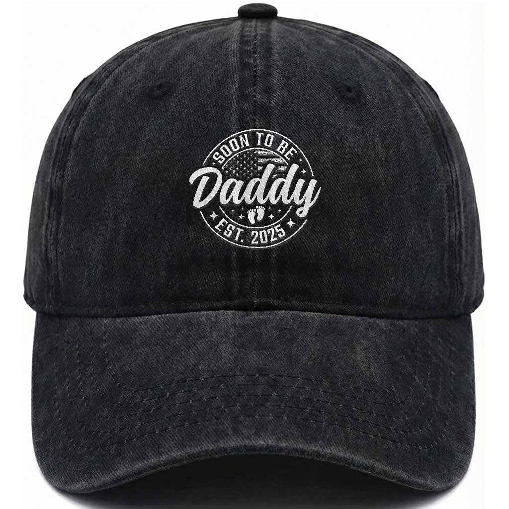 Funny Promoted To Daddy 2025 Washed Cotton Baseball Cap Newborn Vintage American Flag Baby Footprint TS11 Print Your Wear