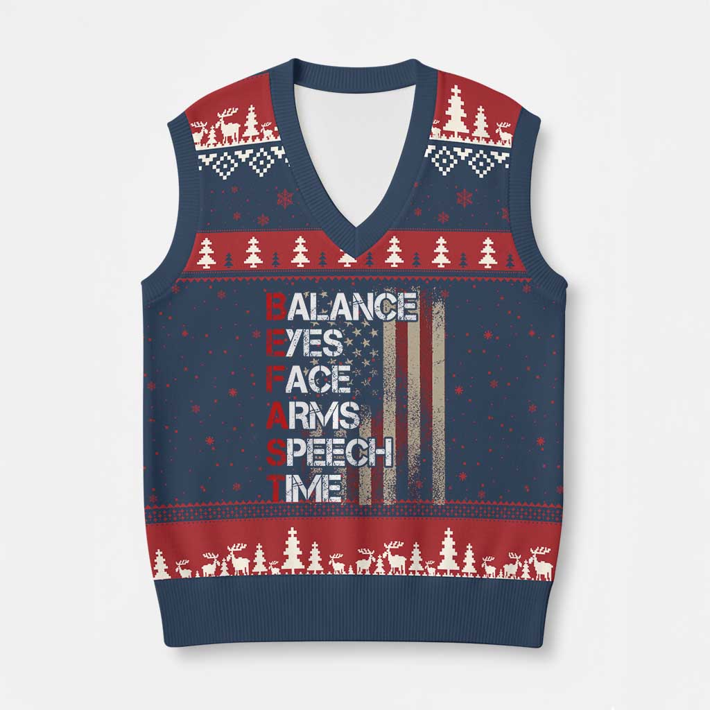 Stroke Awareness V-Neck Knit Sweater Vest BEFAST Stroke Symptoms Vintage American Flag TS11 Navy Red Print Your Wear