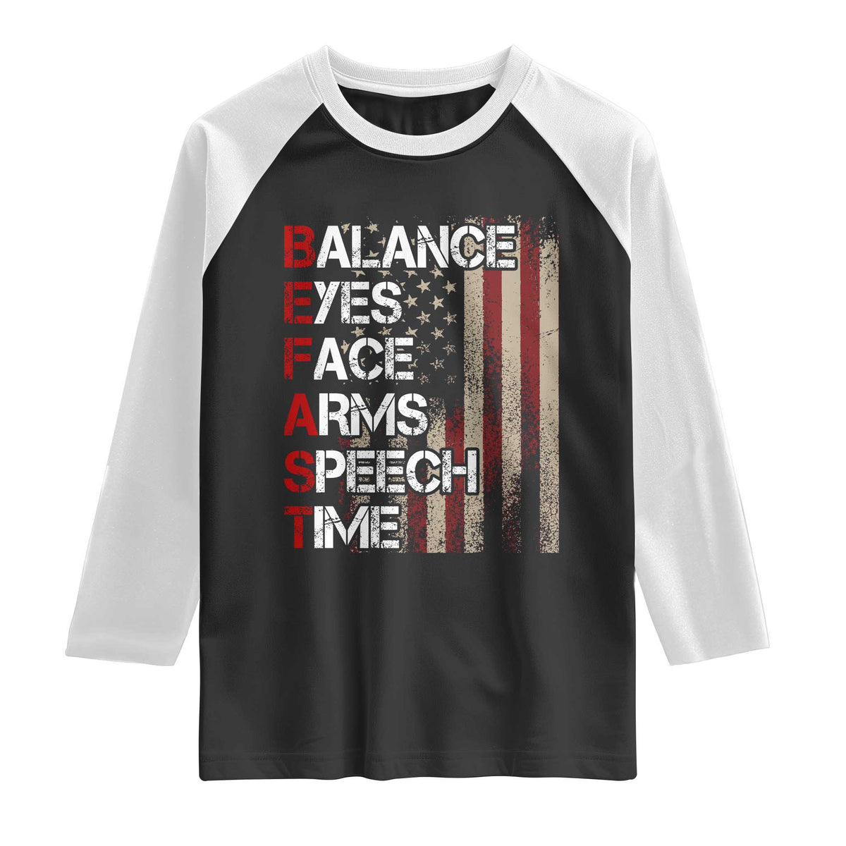 Stroke Awareness Raglan Shirt BEFAST Stroke Symptoms Vintage American Flag TS11 Black White Print Your Wear
