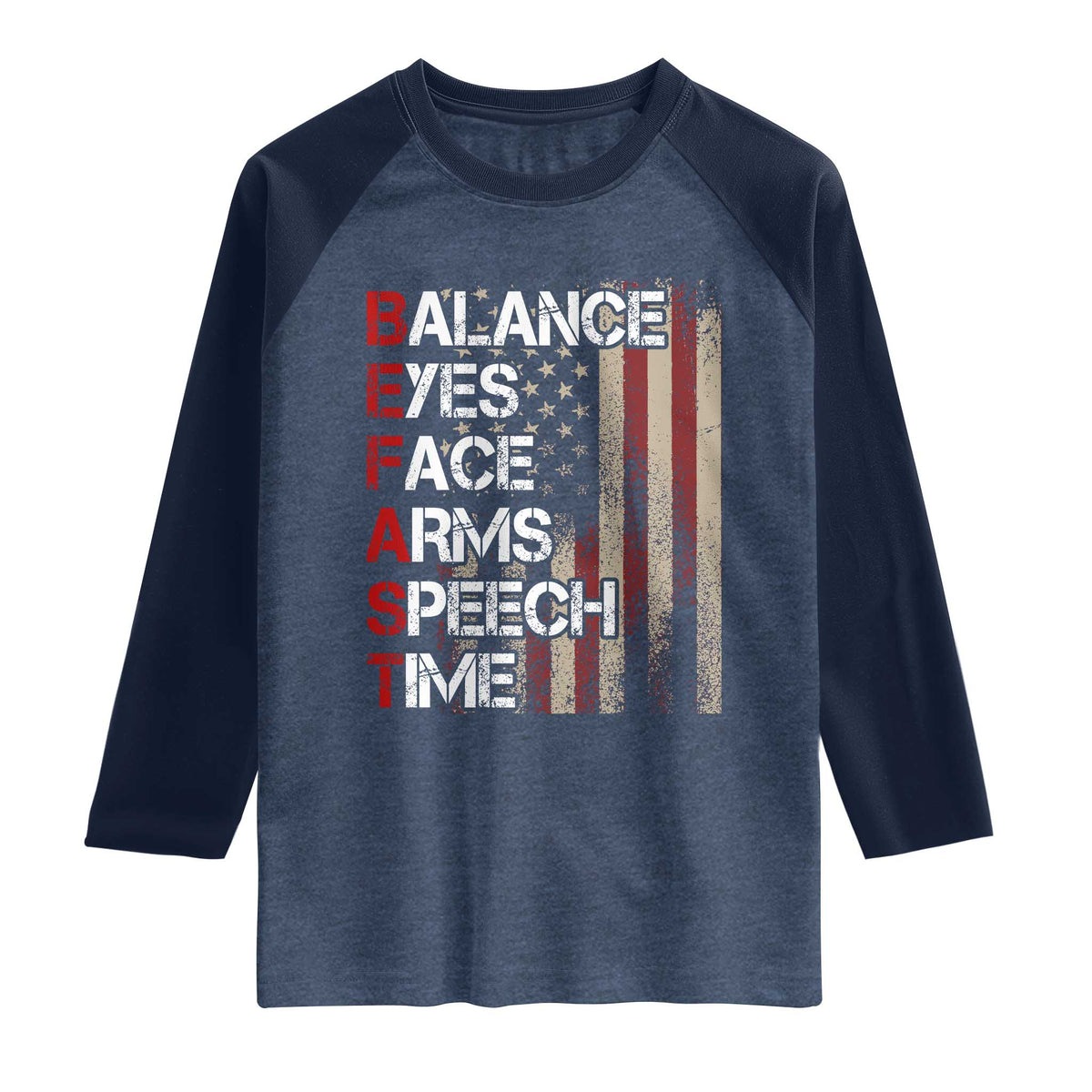 Stroke Awareness Raglan Shirt BEFAST Stroke Symptoms Vintage American Flag TS11 Heather Denim Navy Print Your Wear