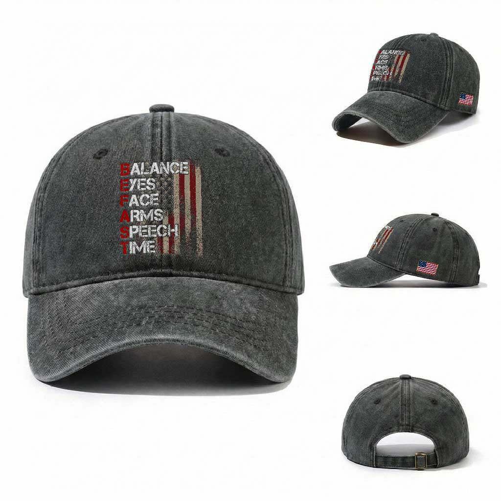 Stroke Awareness Washed Cotton Baseball Cap BEFAST Stroke Symptoms Vintage American Flag TS11 Washed Cap Universal Fit Dark Green Print Your Wear