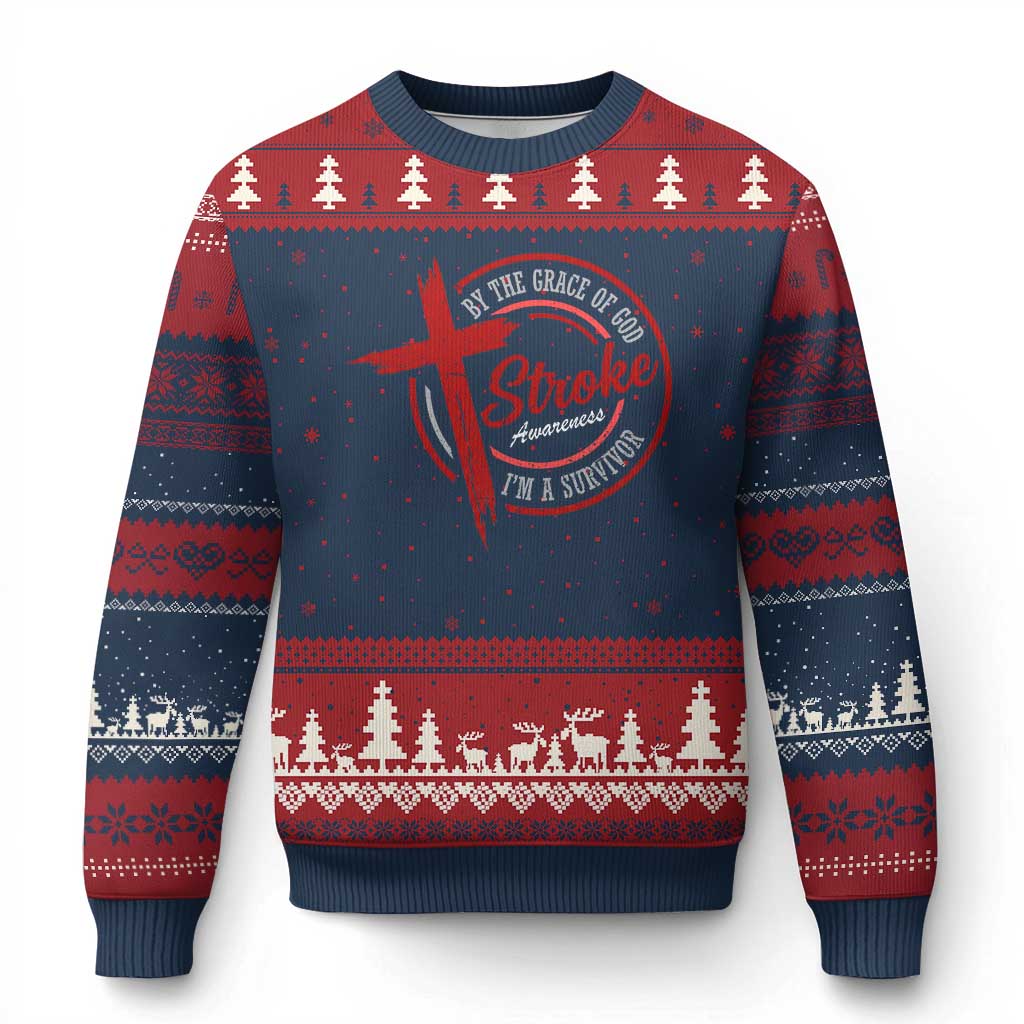 By The Grace Of God I'm A Survivor Stroke Awareness Ugly Christmas Sweater TS11 Navy Red Print Your Wear