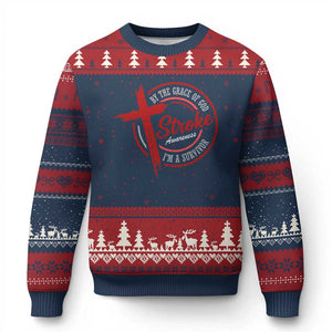 By The Grace Of God I'm A Survivor Stroke Awareness Ugly Christmas Sweater TS11 Navy Red Print Your Wear
