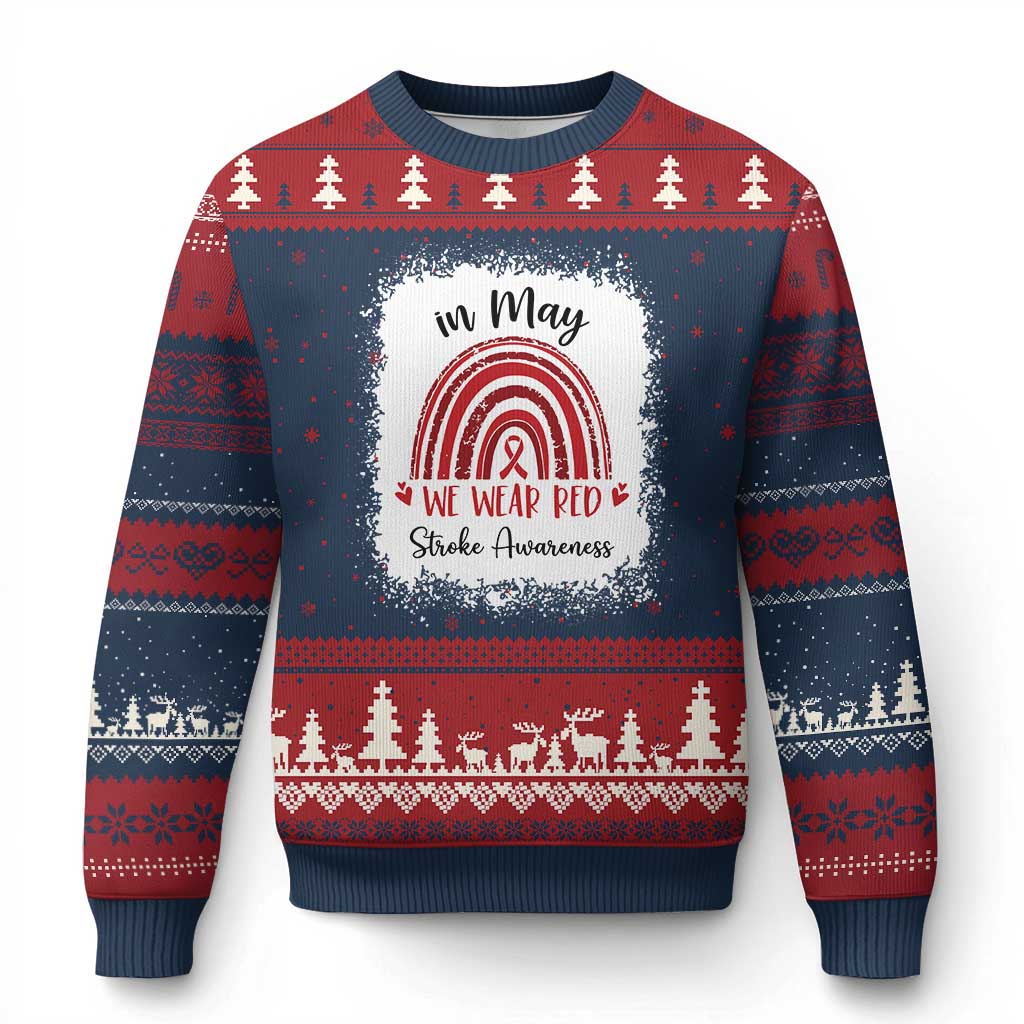 In May We Wear Red Stroke Awareness Ugly Christmas Sweater Bleach Effect TS11 Navy Red Print Your Wear