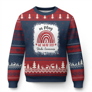 In May We Wear Red Stroke Awareness Ugly Christmas Sweater Bleach Effect TS11 Navy Red Print Your Wear