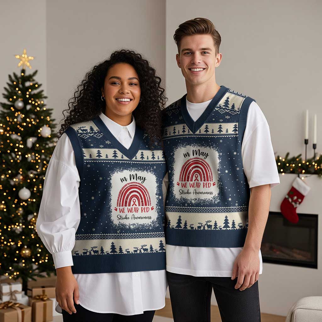 In May We Wear Red Stroke Awareness V-Neck Knit Sweater Vest Bleach Effect TS11 Navy Beige Print Your Wear