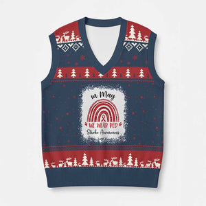In May We Wear Red Stroke Awareness V-Neck Knit Sweater Vest Bleach Effect TS11 Navy Red Print Your Wear