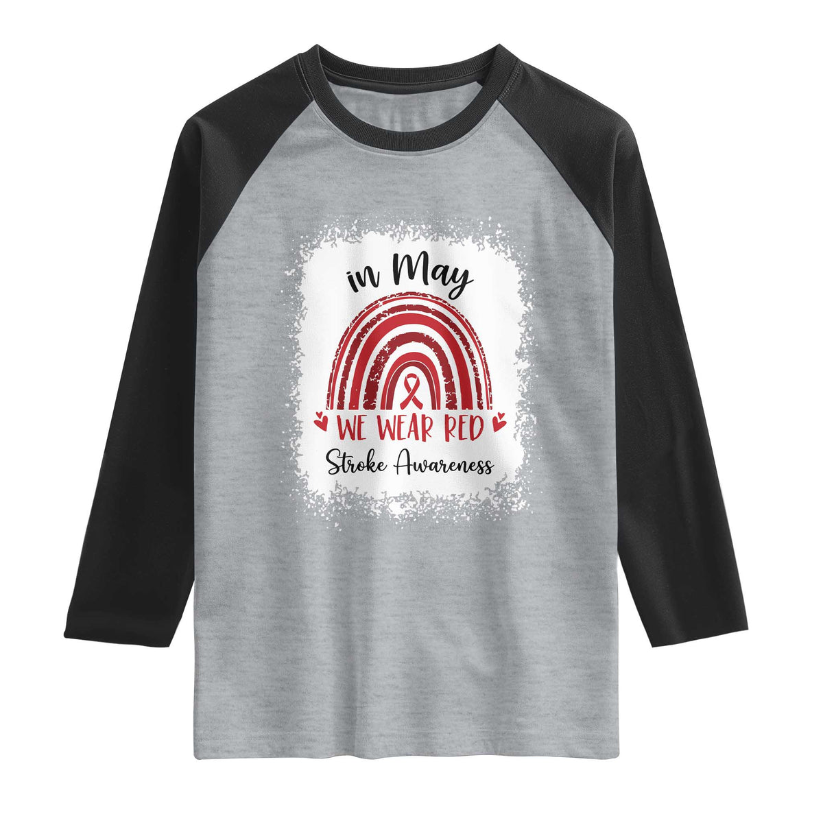 In May We Wear Red Stroke Awareness Raglan Shirt Bleach Effect TS11 Heather Gray Black Print Your Wear