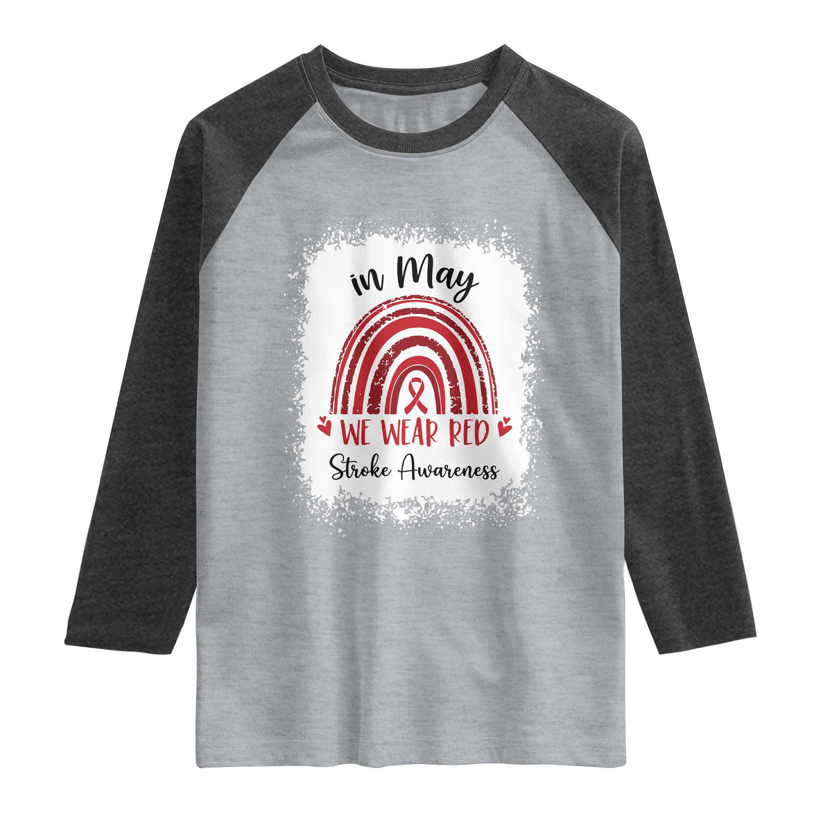 In May We Wear Red Stroke Awareness Raglan Shirt Bleach Effect TS11 Heather Gray Heather Charcoal Print Your Wear