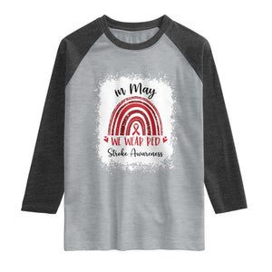 In May We Wear Red Stroke Awareness Raglan Shirt Bleach Effect TS11 Heather Gray Heather Charcoal Print Your Wear