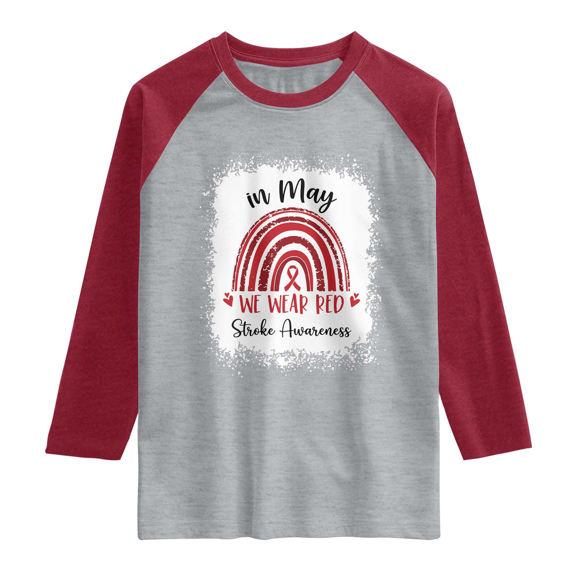 In May We Wear Red Stroke Awareness Raglan Shirt Bleach Effect TS11 Heather Gray Heather Red Print Your Wear