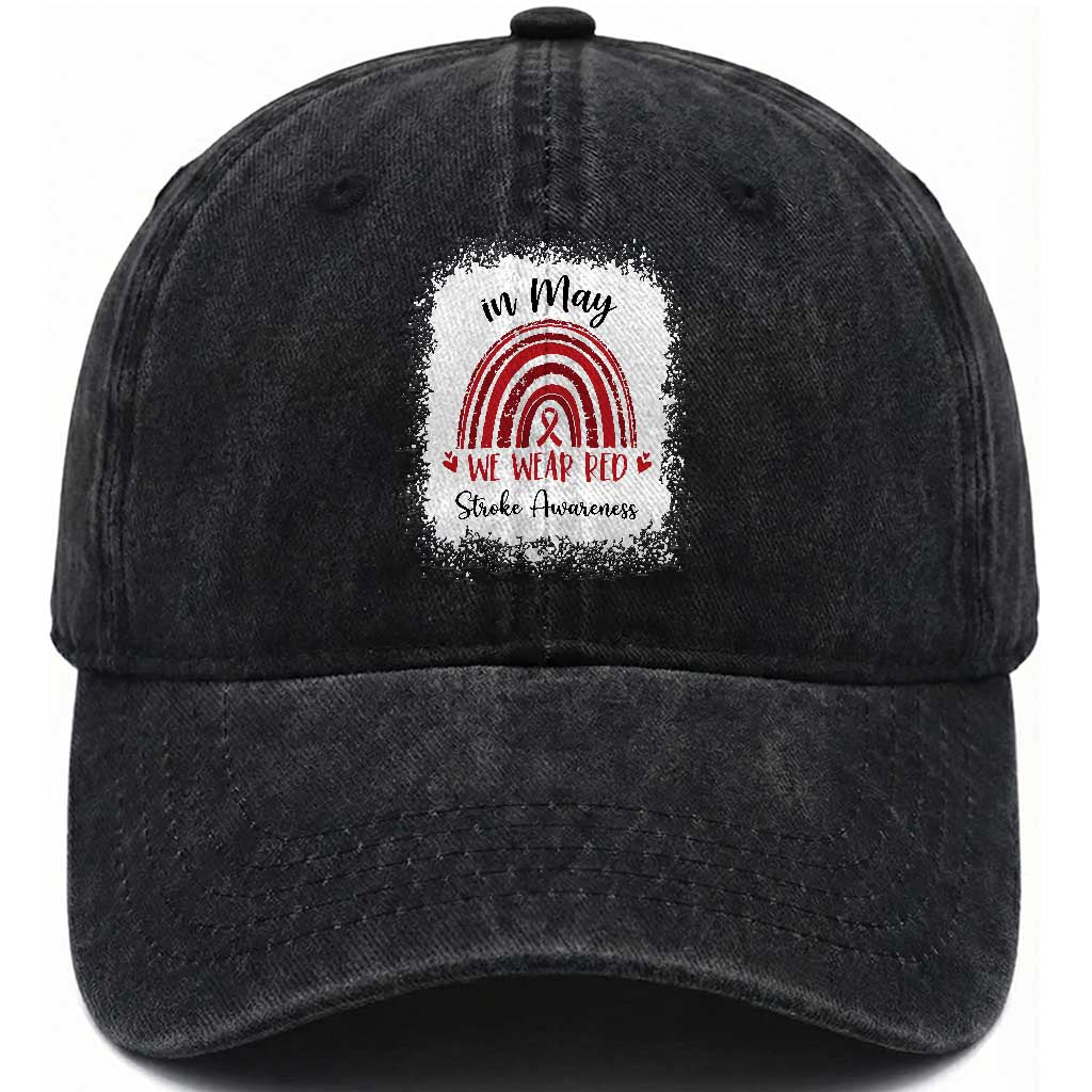 In May We Wear Red Stroke Awareness Washed Cotton Baseball Cap Bleach Effect TS11 Print Your Wear