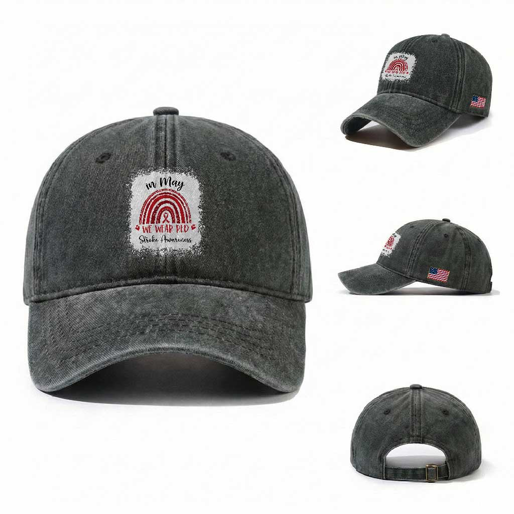 In May We Wear Red Stroke Awareness Washed Cotton Baseball Cap Bleach Effect TS11 Washed Cap Universal Fit Dark Green Print Your Wear