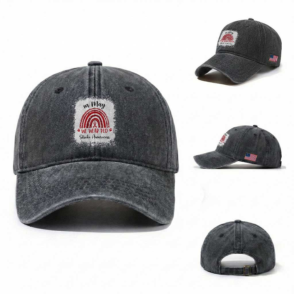 In May We Wear Red Stroke Awareness Washed Cotton Baseball Cap Bleach Effect TS11 Washed Cap Universal Fit Dark Gray Print Your Wear